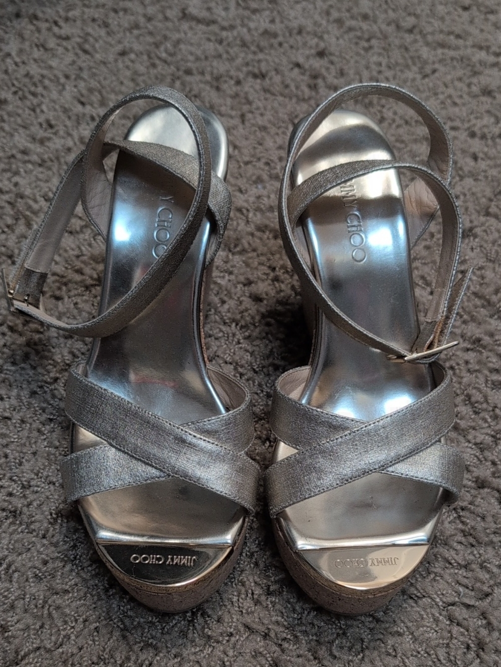 Jimmy Choo Metallic Silver Crisscross Ankle-Strap Heels